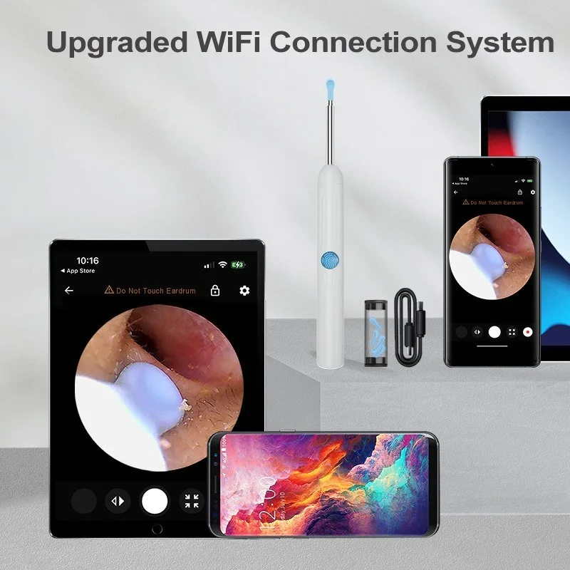 Wireless WiFi Ear Wax Removal Tool Rechargeable Battery Silicone Spoon Set for Adult Kids Home Use Safe Ear Canal Cleaning