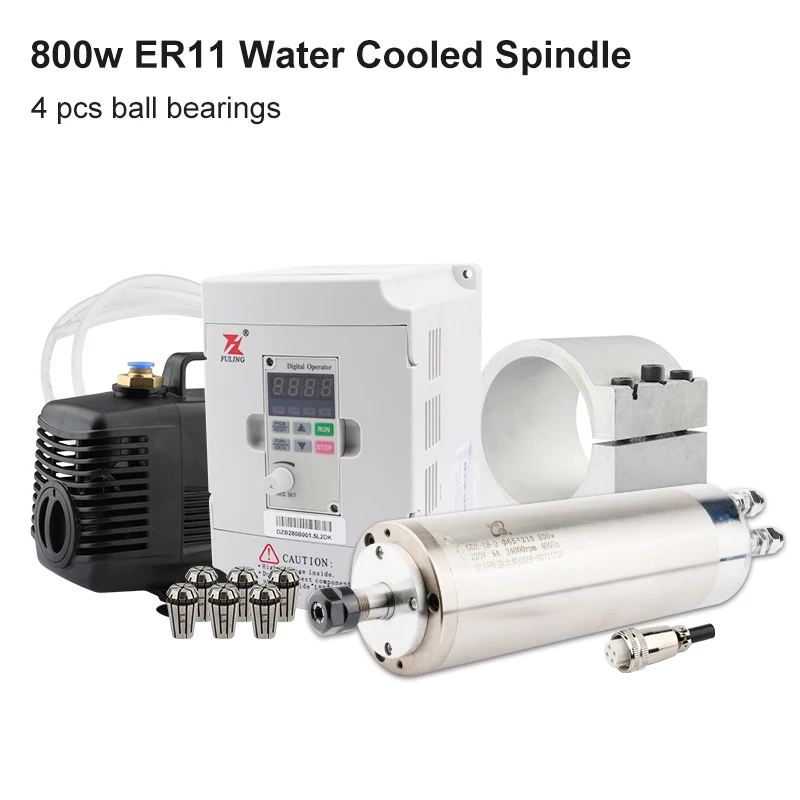 

800W ER11 Water Cooled Spindle Kit 0.8kw Spindle 4 Bearings 65x210mm& 1.5kw Inverter/VFD & 65mm Spindle Bracket & 80w Water Pump