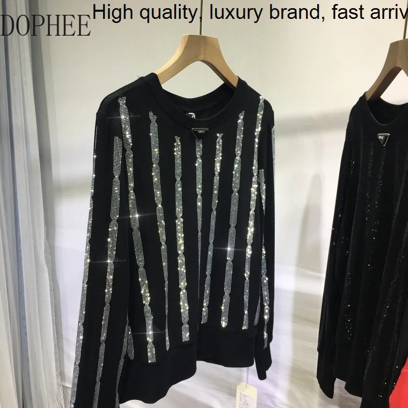 

Stripes Blingbling Vertical Hot Drilling Women Bottoming Shirt Black O-neck Long Sleeve T-shirt New Autumn Winter Knitted Top