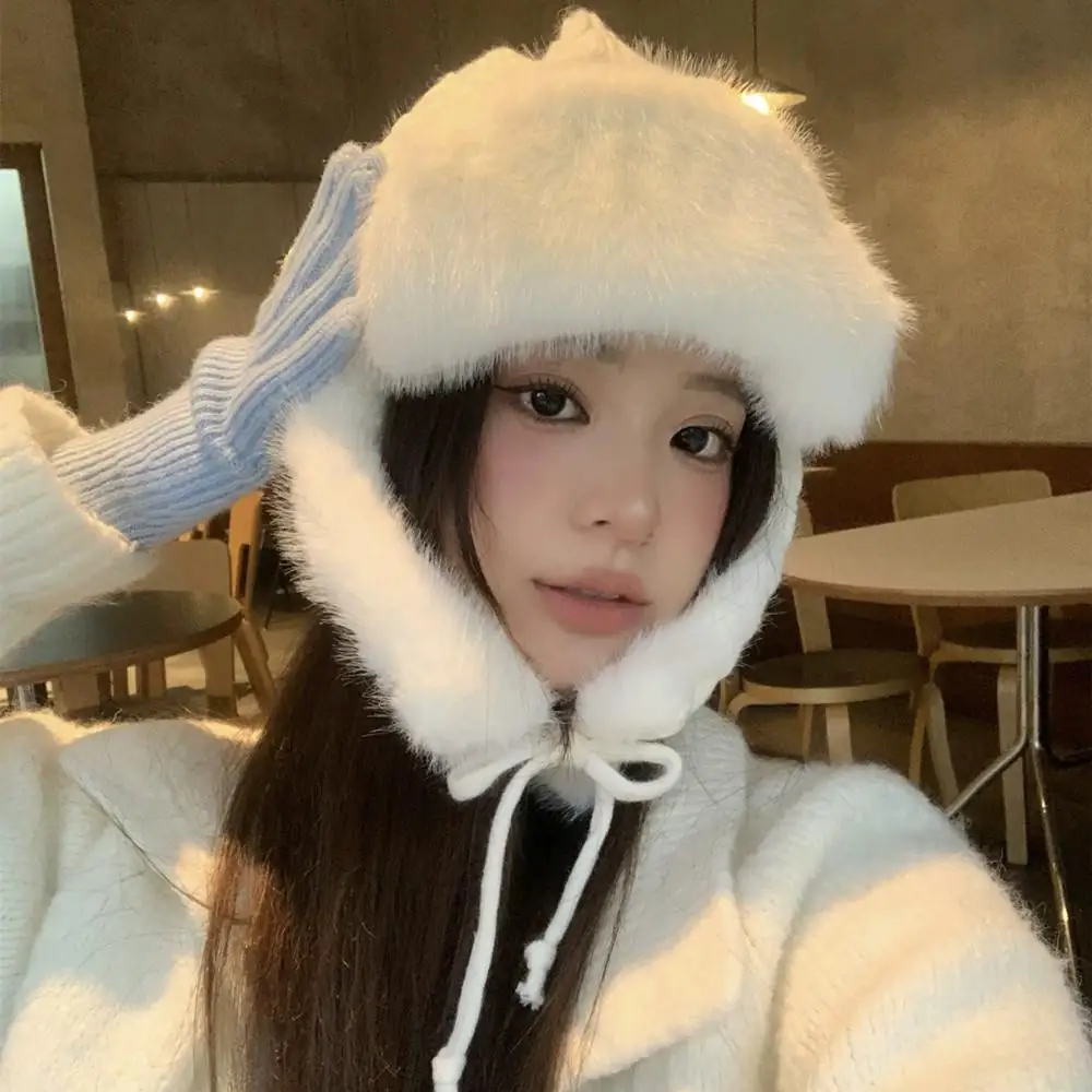 New Thicken Faux Fur Knit Hat Winter Warm Ear Protection Bomber Hat Outdoor Russian Windproof Anti-cold Furry Earflap Skiing Hat