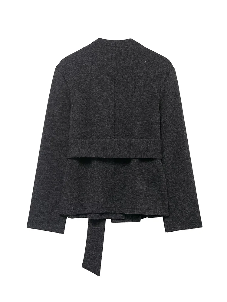 Women Chic Jacket Coat V Neck Long Sleeve Sashes Solid Color Fashion 2025 Fall Winter Office Lady Casual Simple Style Short Coat