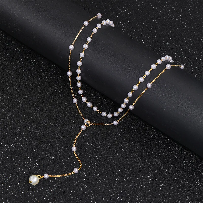 Simple Pearl Choker Necklaces for Women Fashion Double Layer Chain Long Dangle Pearl Pendant Necklace Jewelry Gift