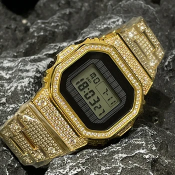 풀 다이아몬드 세트 W5600 5610 5600 금속 베젤 스테인레스 스틸 시계 밴드 스트랩, GWB5600 시계 케이스 모드 키트, 도구 포함 액세서리