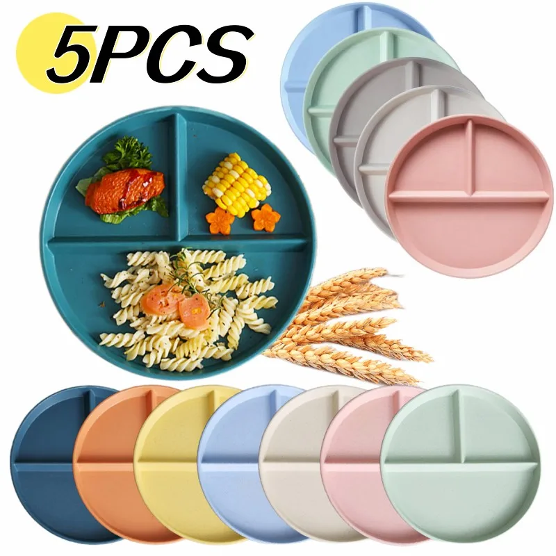 Eco-Friendly Wheat Straw Divided Dinner Plate Child Adult Reusable Fruit Salad Round Plate Portion Control Compartment