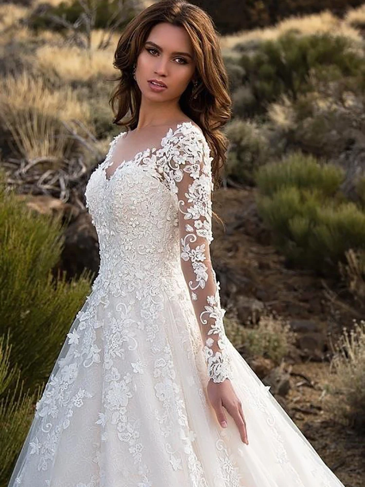 

2023 Women White Lace Dresses Elegant Bride Gowns Off The Shoulder Long Sleeves Ball Gown Luxury Wedding Dresses Vestidos Novia