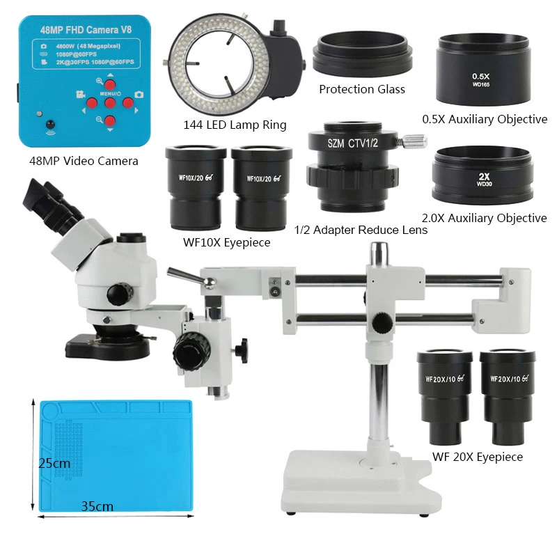 

3.5X 90X 180X Simul-Focal Double Boom Stand Trinocular Stereo Zoom Microscope 48MP 55MP 2K 4K HDMI VGA USB Camera For PCB Repair