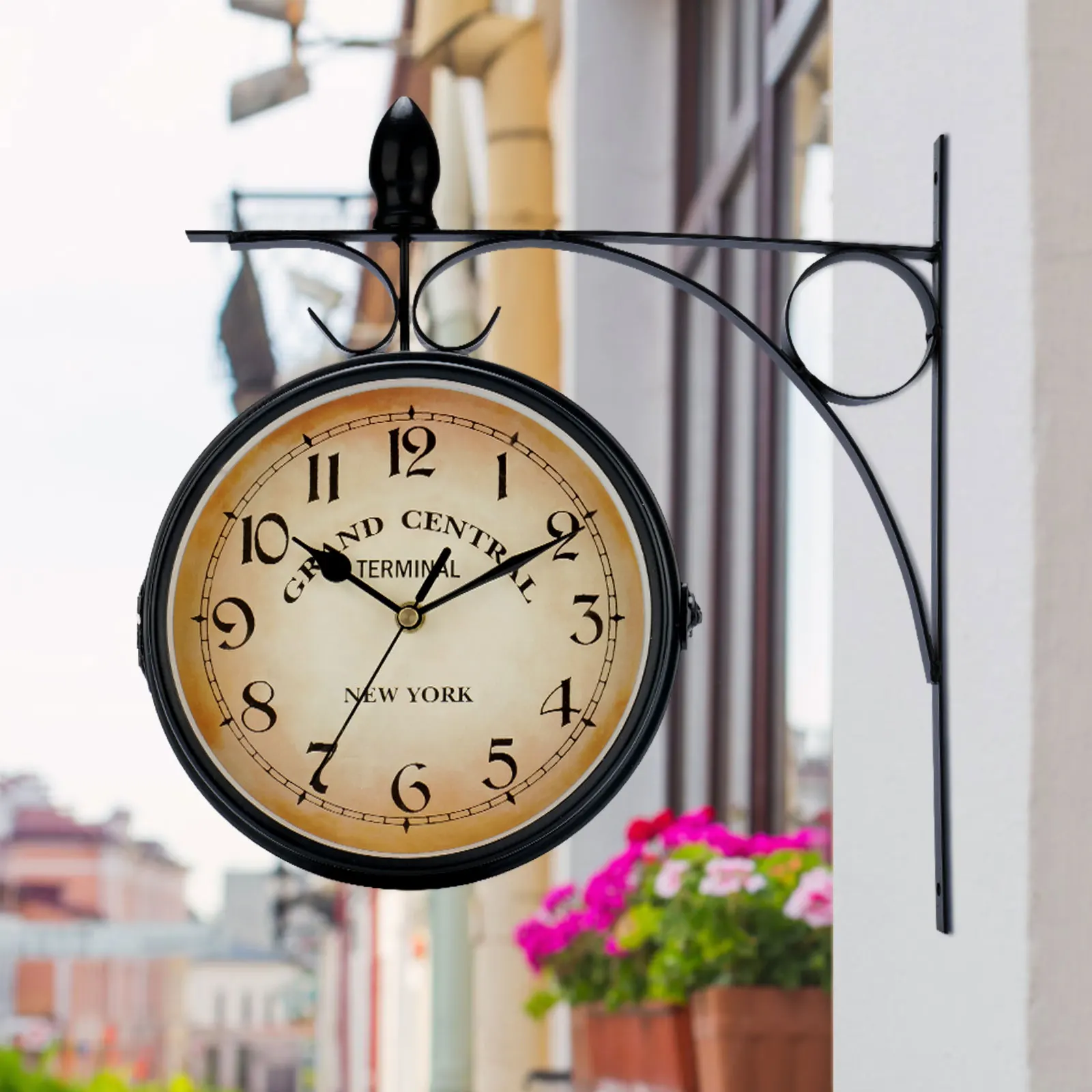 

Double Sided Train Station Clock Waterproof Wall Clock for Garden Retro Wrought Iron Metal Wall Clocks Outdoor Silent Quartz