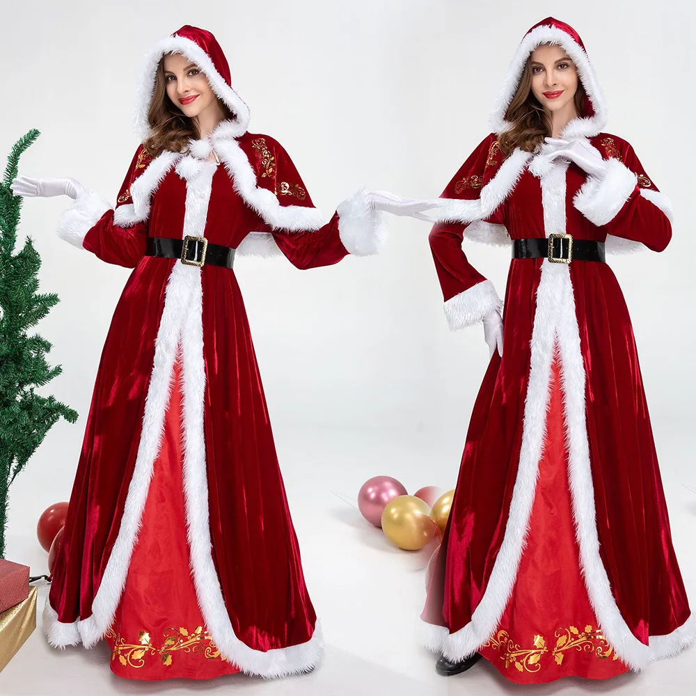 

Deluxe Classic Mrs. Claus Christmas Cosplay Costume Xmas Party Santa Claus Cosplay Women Men Red Dress Full Set