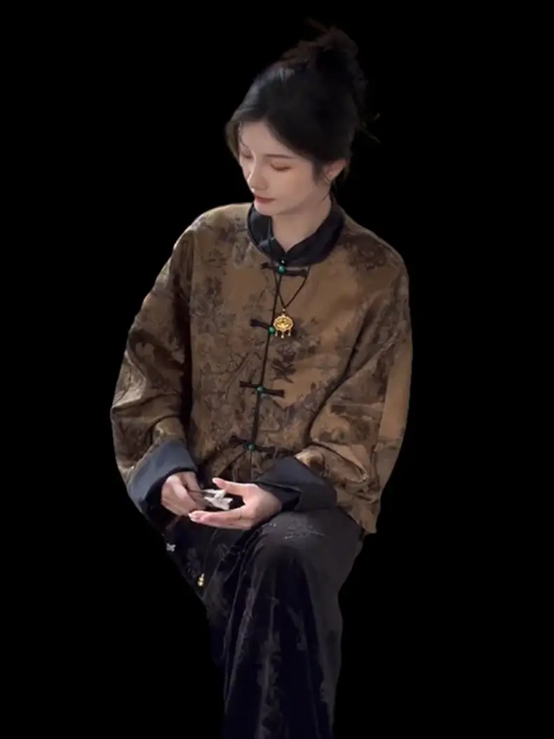Autumn Winter New Chinese Retro Vintage Style Button Top Embroidered Tang Coat Women Daily Oriental Style Daily Coffee Coat