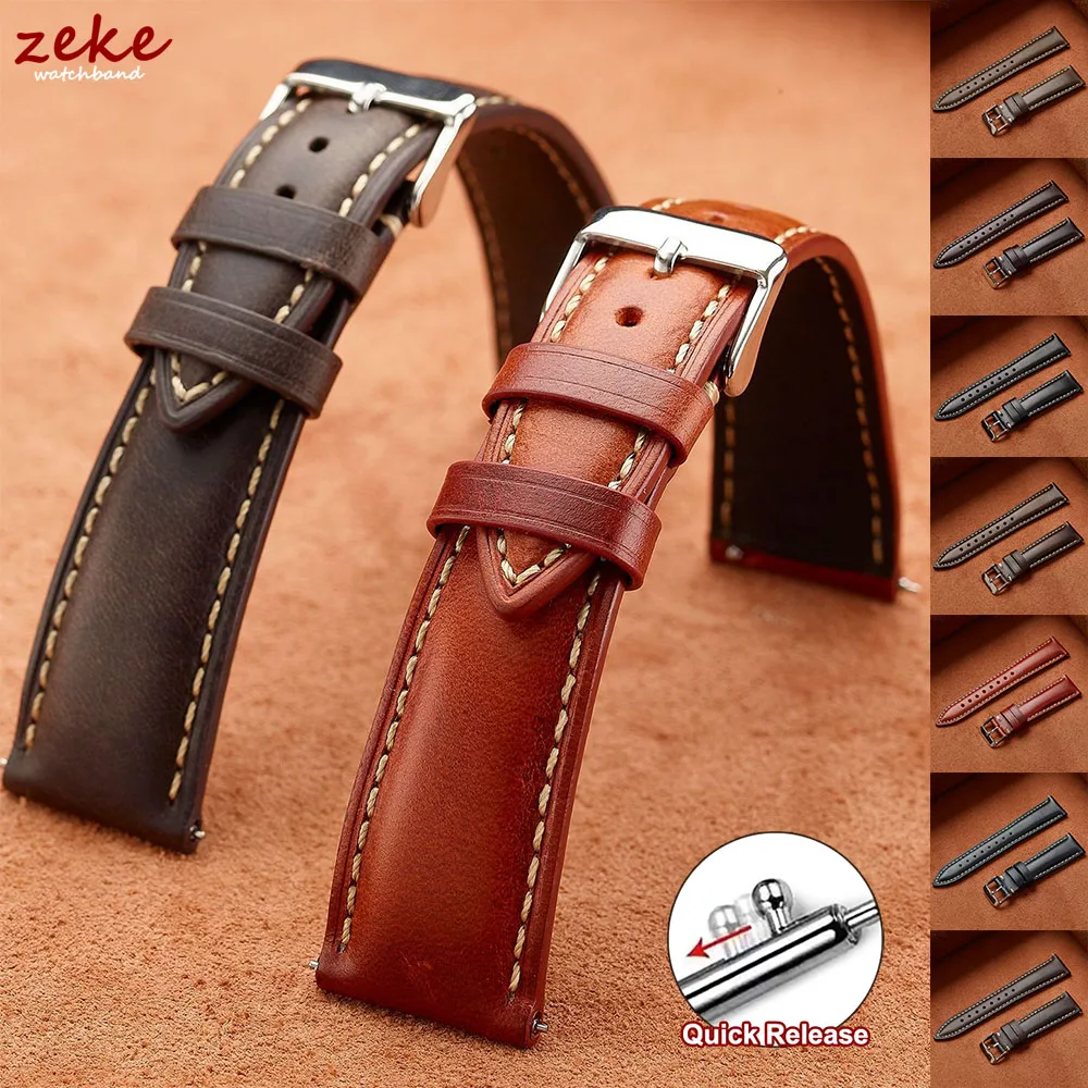 Vintage Brown Oil Wax Leather Watch Strap with Pin Buckle - Head Layer Cowhide