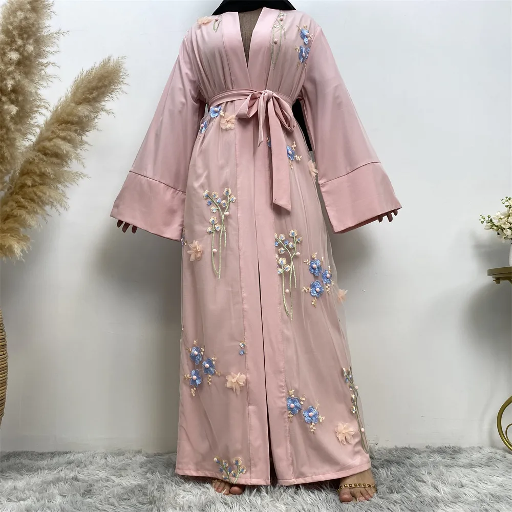 Premium Open Abaya with Luxe Blossom Cuffs – Twilight Rose main image 0