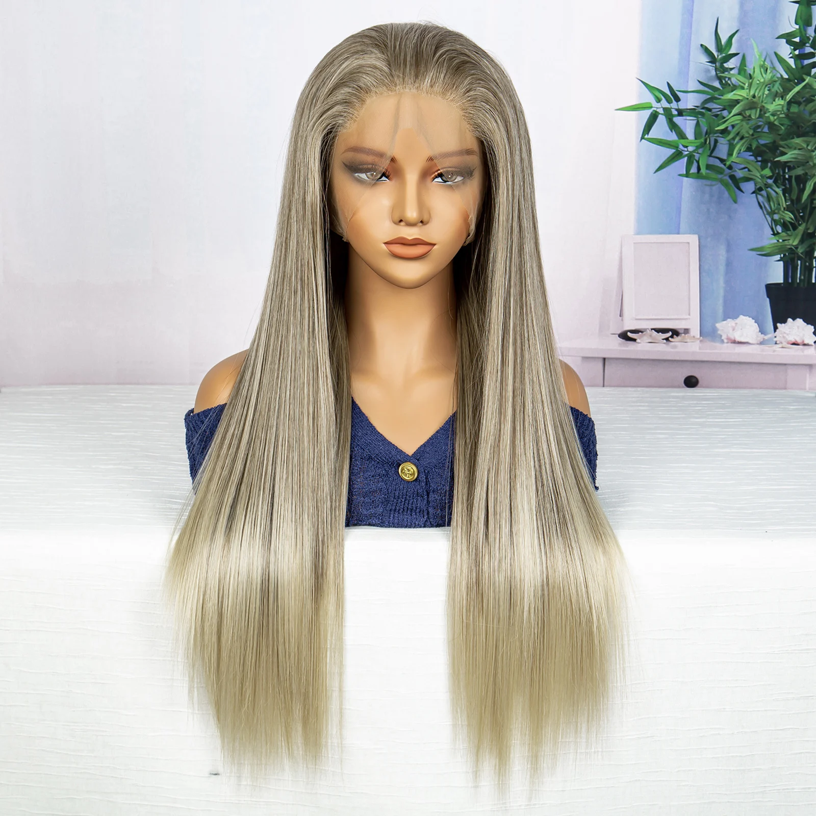 Grey Wigs Straight Synthetic 360 Lace 30 Inches Ombre Brown Heat Resistance Fiber Pre Plucked Swiss Lace Straight Frontal