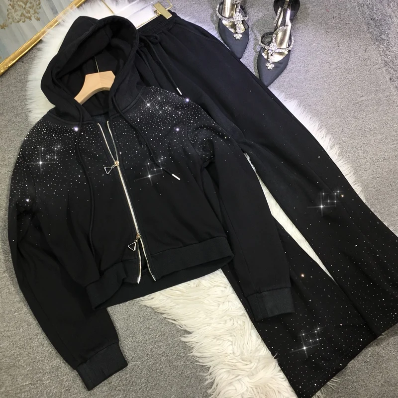 

Thicken Fleece Women Two-piece Set Hot Drilling Hooded Zip Cardigans Top Short Hoodie Coat + Wide Leg Straight Long Pants Suits