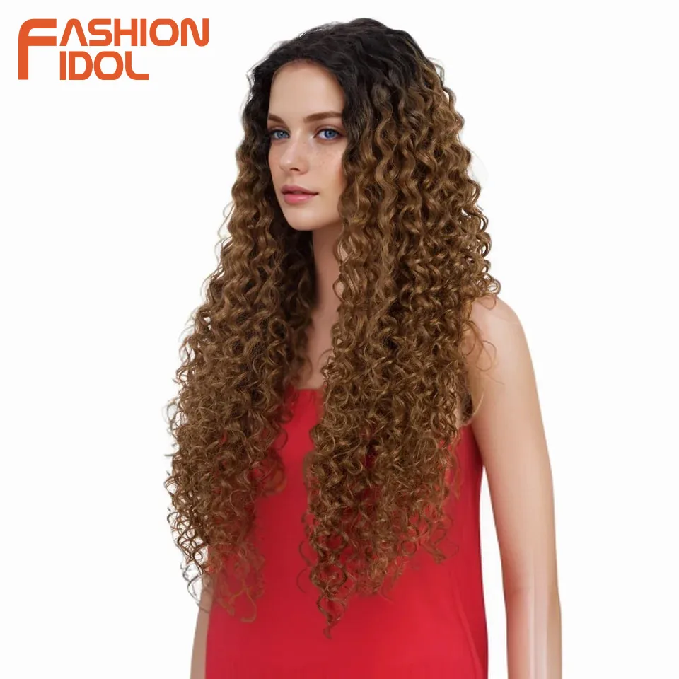 

FASHION IDOL 30 Inches Kinky Curly Lace Wigs Synthetic With Baby Hair High Temperature Fiber Ombre Brown Cosplay Wigs For Women