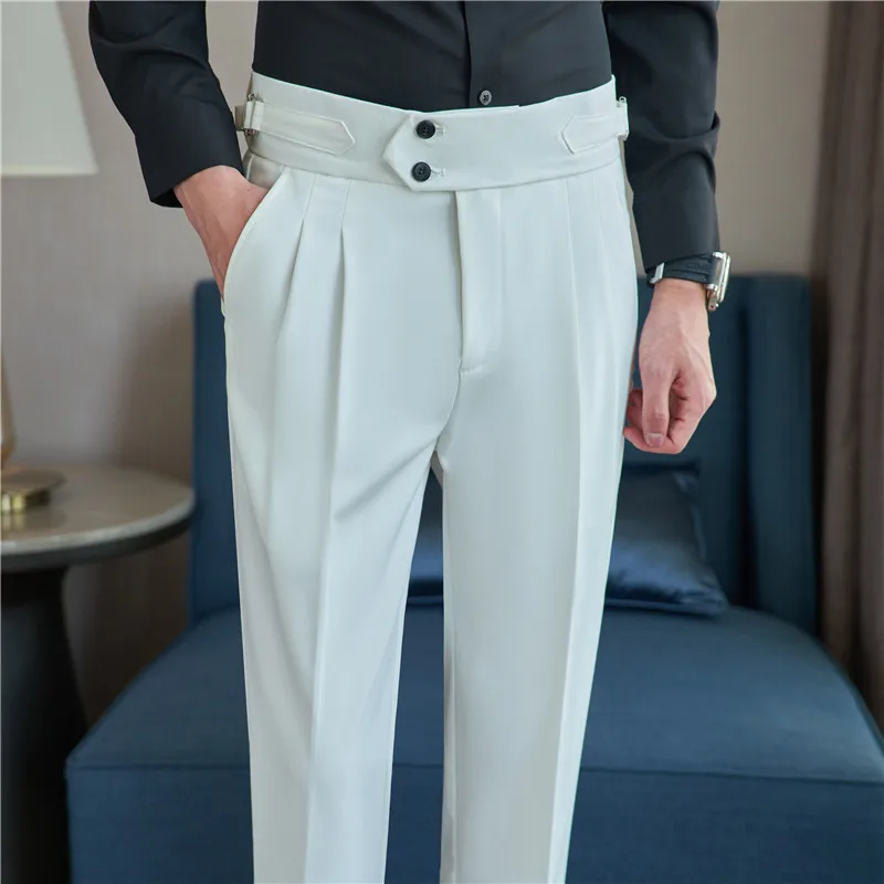 British Style Autumn Men High Waist Trousers Belt Design Slim Fit Suit Pants
