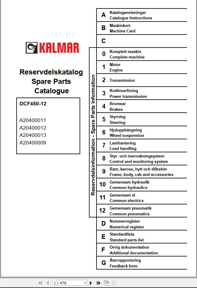 

Kalmar Forklift Reach Stacker Spare Parts Catalogue 2.30 GB Collection EN SV