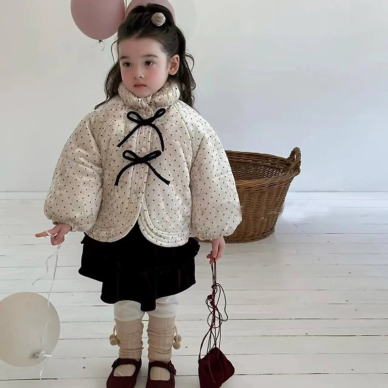 여아용 겨울 폴카 도트 코튼 재킷 패션 어린이용 리본 터틀넥 아우터웨어 한국  여아용 따뜻한 솜 패딩 코트