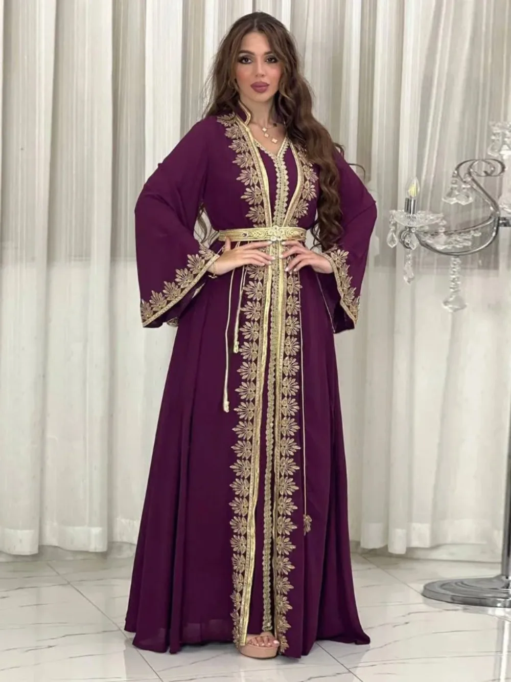 Eid Muslim Women Party Dresses Jalabiya 2 Piece Set Embroidery Arab Long Robe Ramadan Morocco Dubai Abayas Islam Vestidos Kaftan 1
