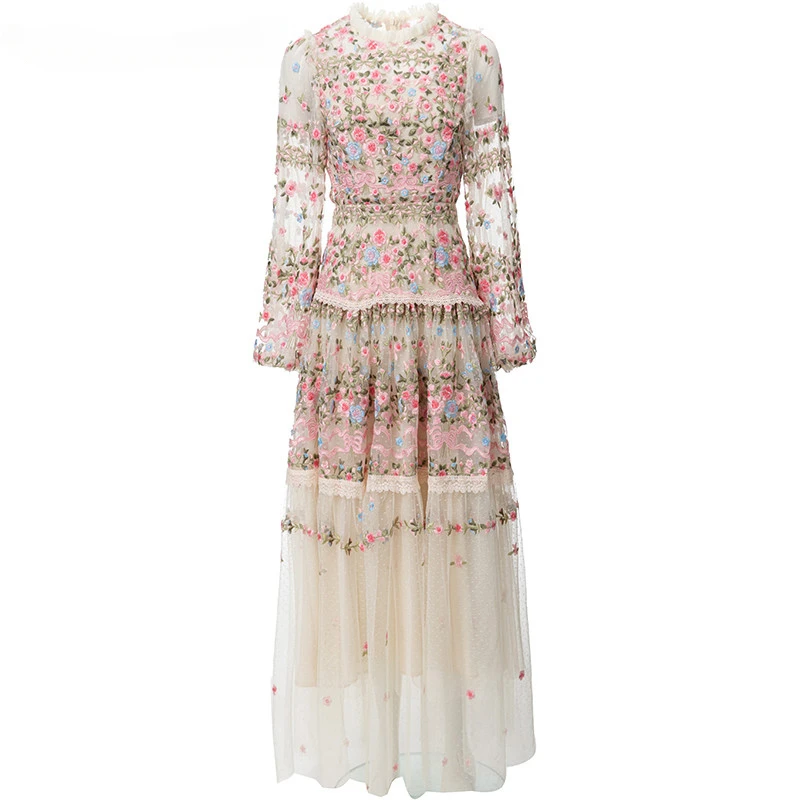 

2024 New Vintage Fashion Designer Dress Women's Mesh Embroidered Translucent Lantern Sleeve Slim White Long Dress