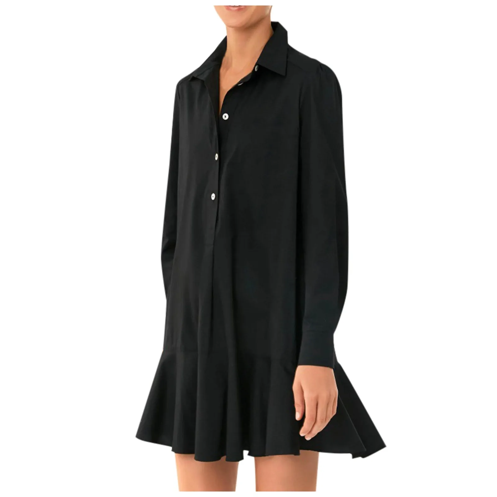 

Solid Color Long Sleeve Shirt Dress For Women With Ruffled Hem Casual Turn Down Mini Dress Elegant Lady Black Office Work Dress