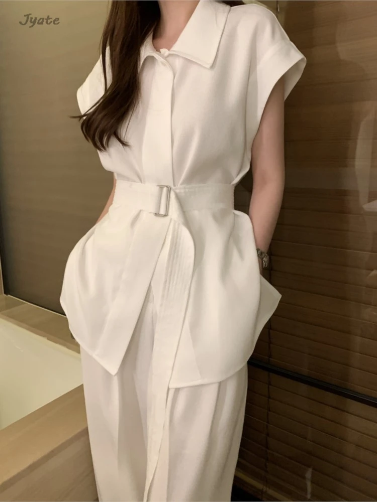 Office Lady Fashion Lapel T-shirts + Wide Leg Pant Sets Loose Short Sleeve Belted Tops High Waist Straight Trouser Women Outfits