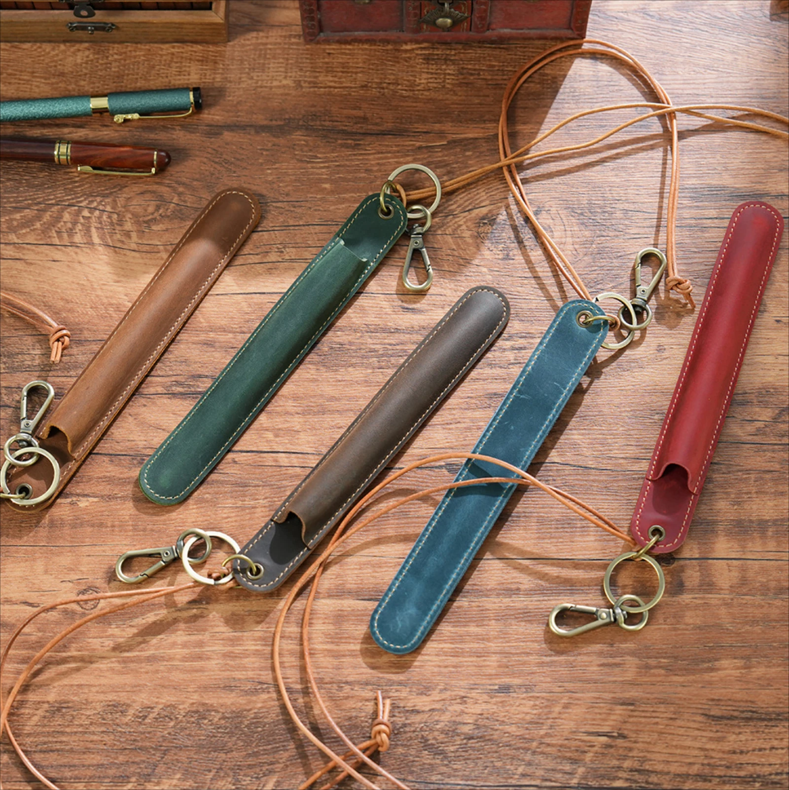 Genuine Leather Lanyard Pen Holder Portable Single Pencil Case Vintage Pen Pouch Sleeve Pen Protective Cover with Keychain 4