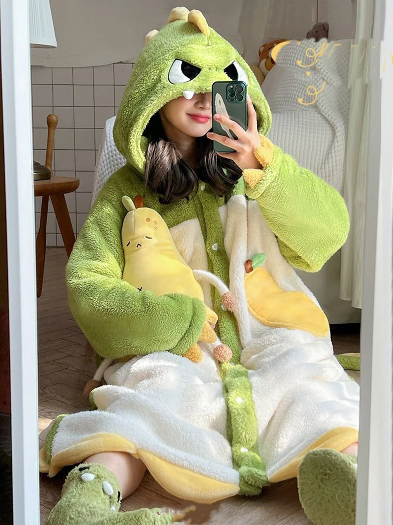 Women's Hooded Nightdress Autumn and Winter Warm Thicken Pajamas Sweet Dinosaur Cosplay Flannel Nightgowns Cute Funny Bath Robes