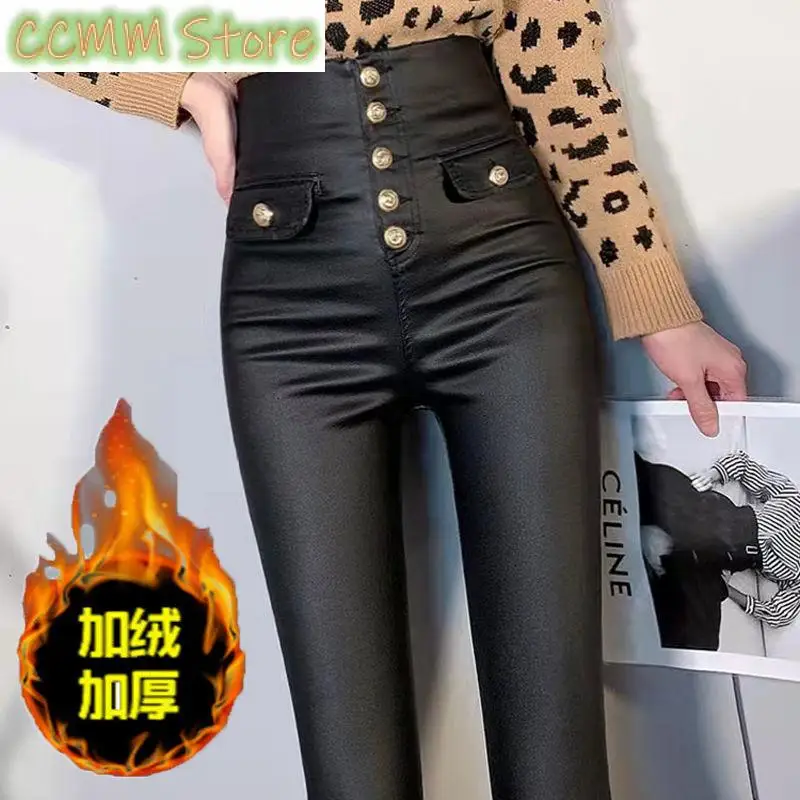 New Leather Pants Fleece-Lined Thickened Women's Winter High Waist Outerwear Matte Black Ankle Tight Leggings Trousers