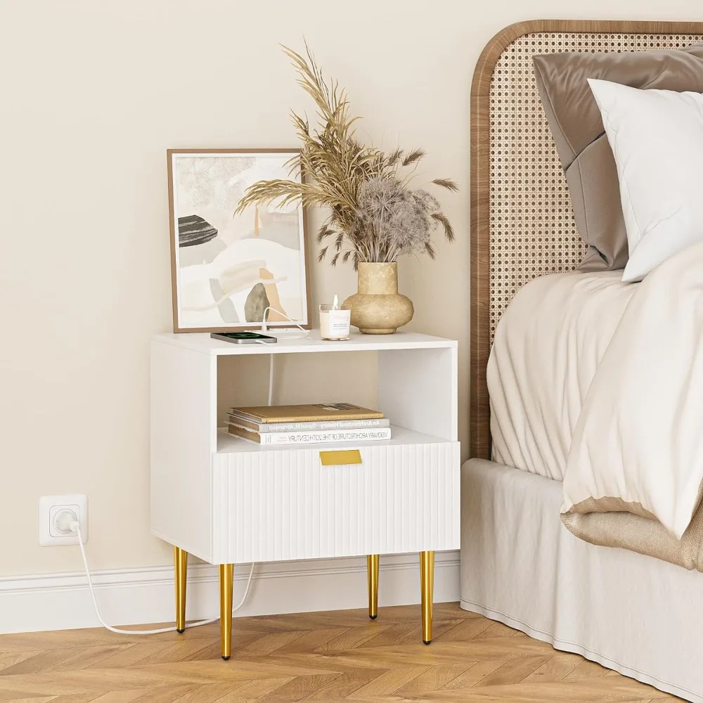 

Nightstand with Charging Station, Dresser for Bedroom, Fluted Night Stand, End Table for Living Room, Mid Century Modern