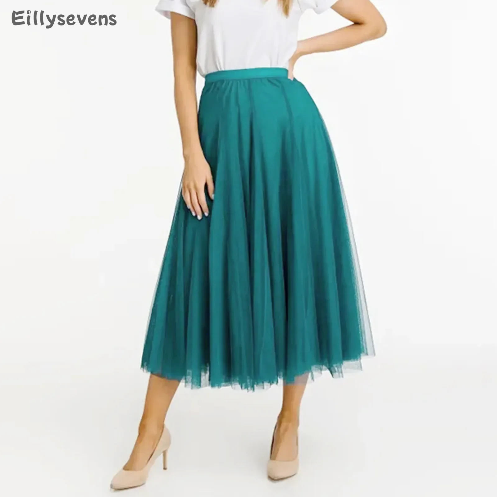 

Mesh Half Body Skirt Spring And summer New Mid Length Yarn Puffy Skirts Pleated Skirt A-line traf Long Skirt party skirt faldas