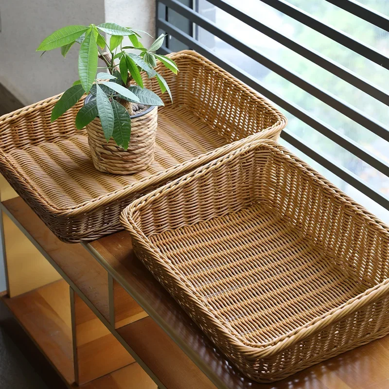 Rectangular Rattan Serving Tray Wicker Woven Basket Bathroom Tray Woven Bread Baskets With Handles Storage Basket For Parties 2