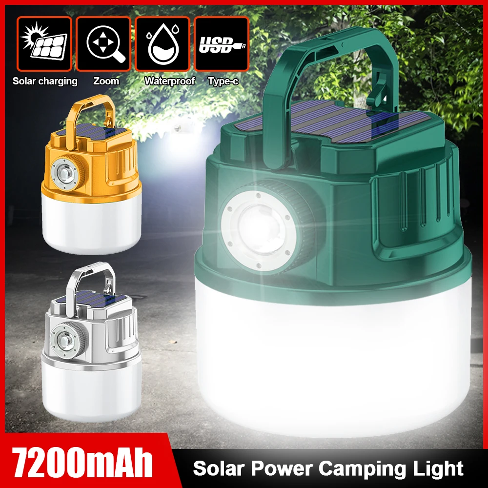 7200mAh Solar LED Camping Light Telescope Zoom USB Rechargeable Hanging Tent Lamp 4 Light Modes