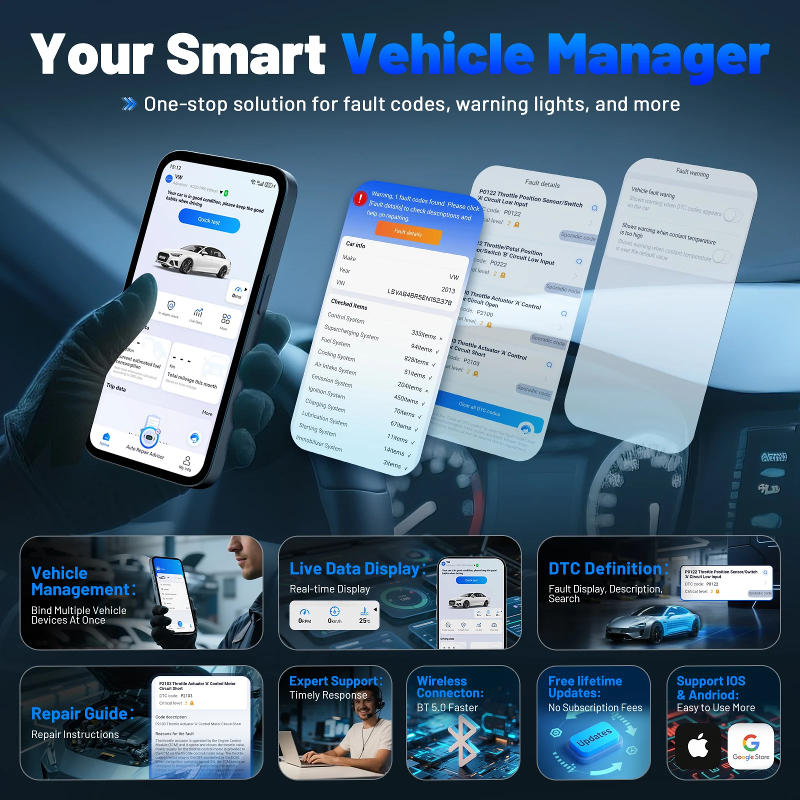 Advanced OBD2 Bluetooth Car Diagnostic & Maintenance Tool with Oil Reset & Battery Test Features