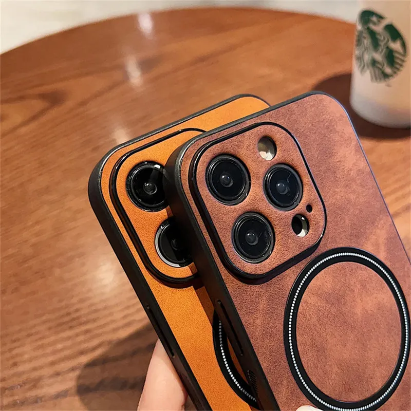 Wireless Charging Magnetic Cortex Leather Phone Case Shockproof Bumper Cover For iPhone 16 13 12 15 17ProMax 14Plus 14Pro