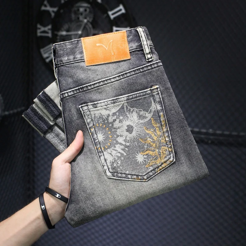Fashionable Retro Men's Pants Nostalgic Fashionable Printed High-End Affordable Luxury Stretch Slim Fit Skinny Jeans