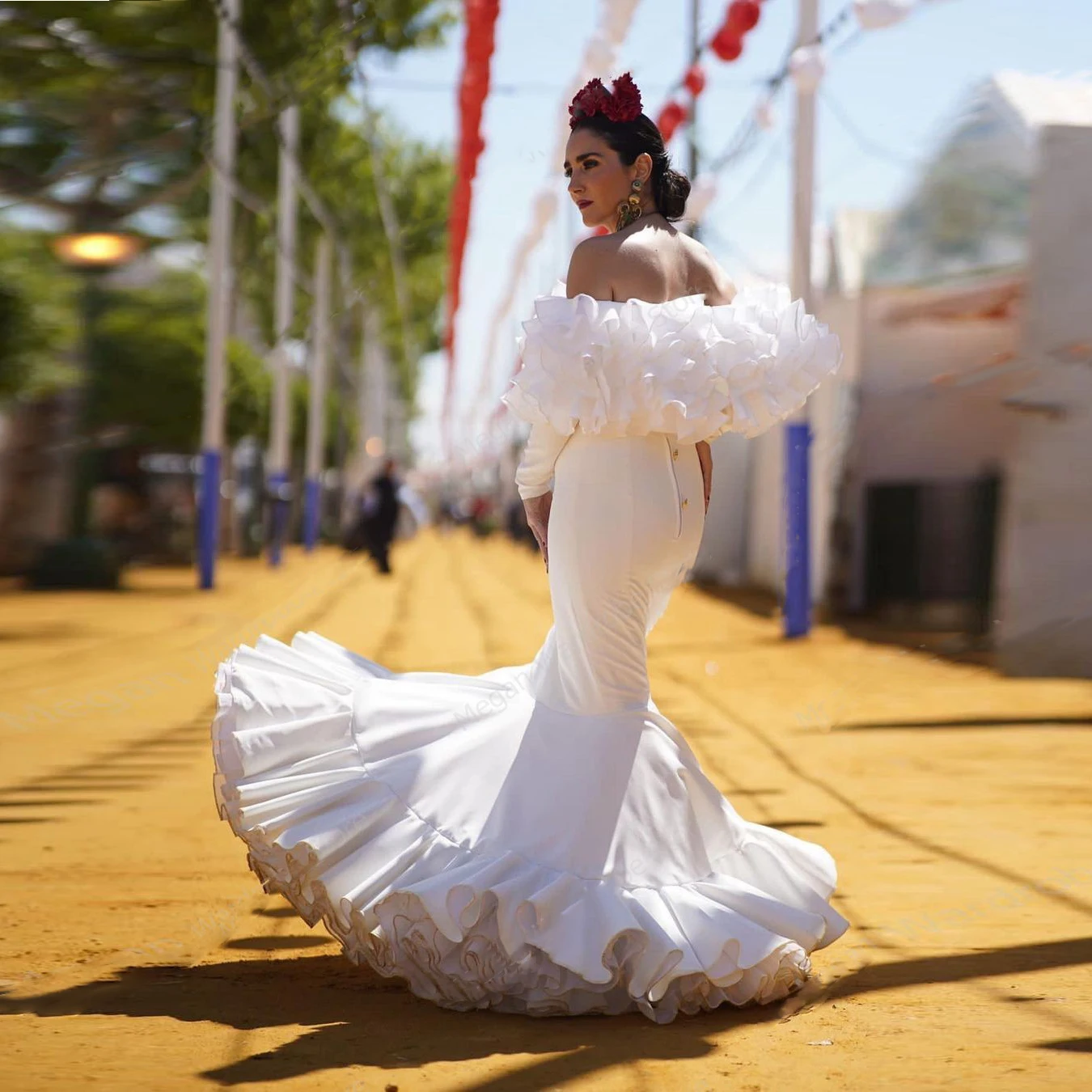 AZLE-Robe de Flamenco Blanche Élégante à Volants avec Manches, Sirène  Superposée, Fermeture Éclair au Dos