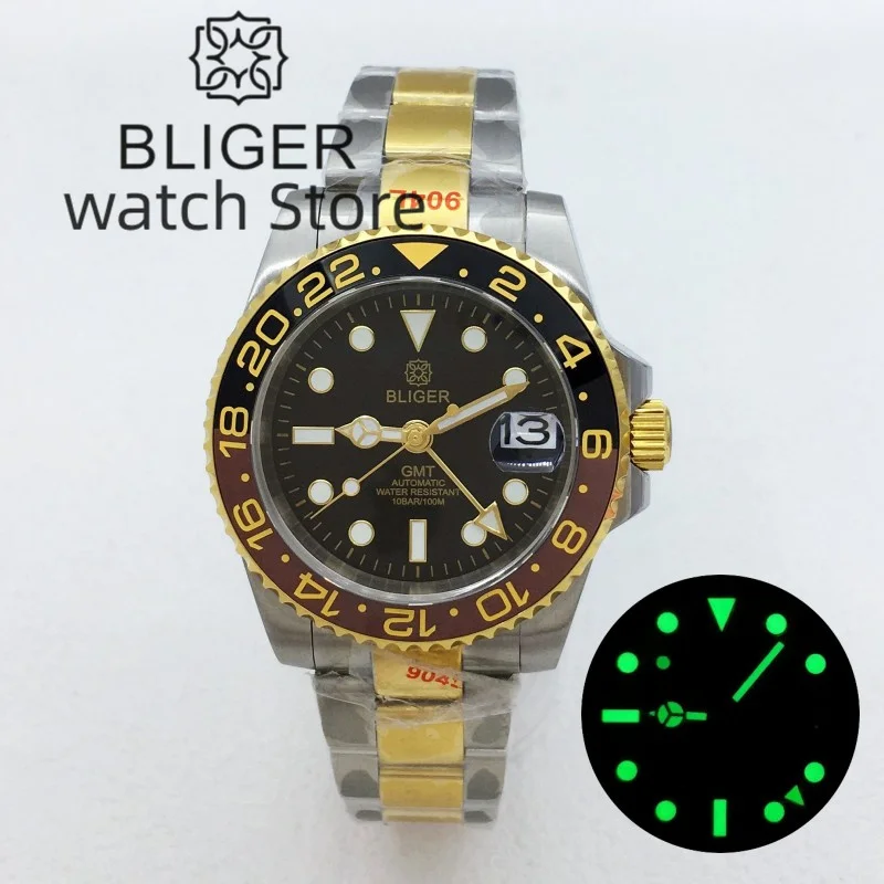 Bliger 40Mm Rootbeer Gmt Men Watch Nh34 Movimento Automatico Luxury Two Tone Gold Case Bracciale Luminoso Quadrante Nero Vetro Zaffiro