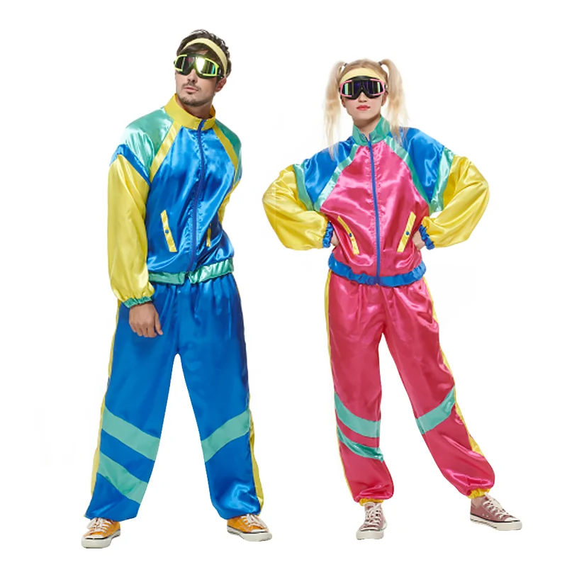 

Hippie Couples Costume Halloween Carnival Party Cosplay Outfits Ski Tracksuit Retro Disco Neon Costume Couple Purim Rock Suit