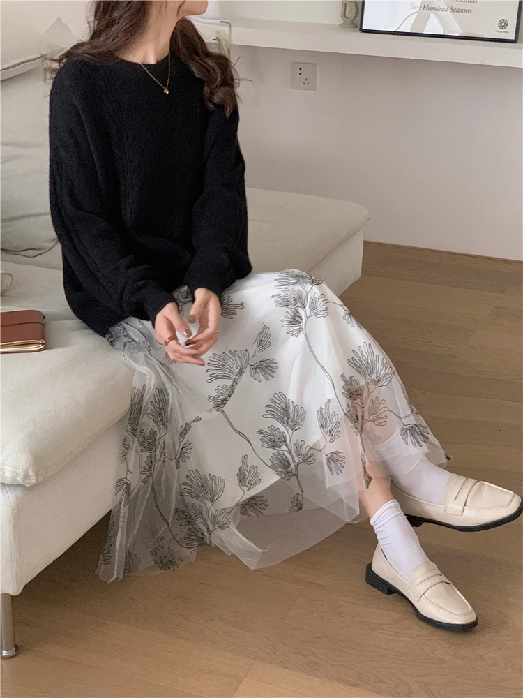 Hzirip Elastic Waist Party Skirts Sweet Women Prom 2021 Autumn New OL Chic Florals Vintage All-match Jupe Mujer Faldas Femme hoop skirt