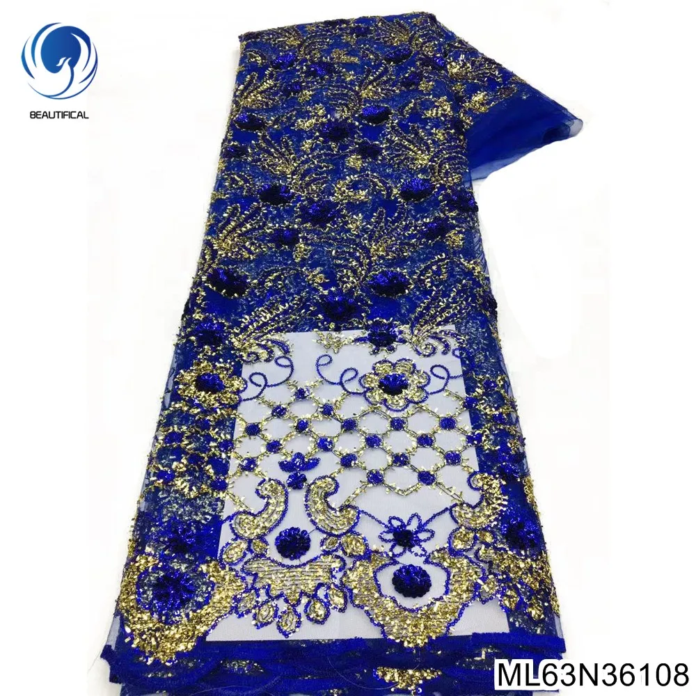 

Unique African Lace High Quality Fabric Embroidered Nigerian Party Dress 100% Polyester Blue French Pop Tulle Sequin ML63N361