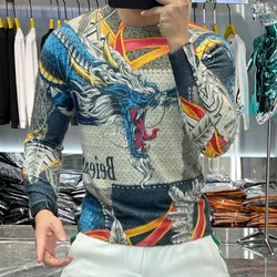 Colorful Animal Dragon Print Personalized Digital Three Dimensional Printing Pattern Knitted Sweater Men Warm Keeping Pullover
