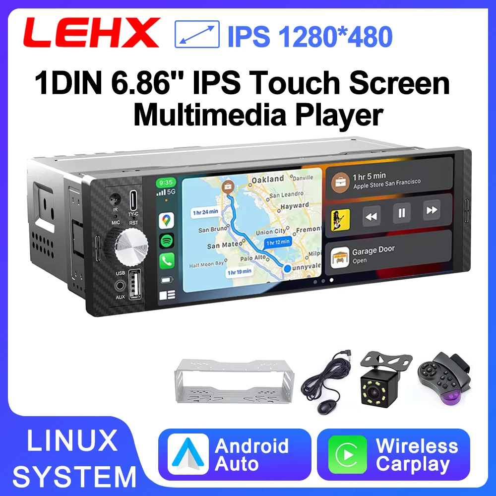 LEHX 6.86 inch 1 Din Wireless Android Car Radio Multimedia MP5 AutoRadio for Apple CarPlay Navigation 1Din Universal Siri BT SWC FM MIC AUX USB Type-C Plug