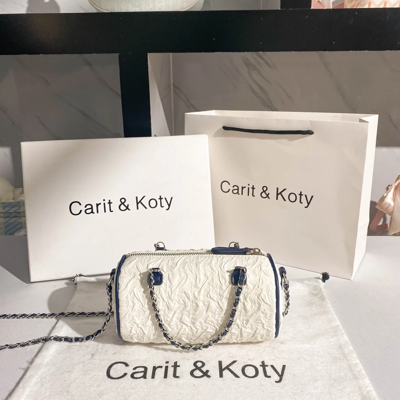 

New Trendy High Quality Textured Leather Pleated Cylinder Chain Bag Women's Handheld Handbag Lady Purse Shoulder Messenger Bag