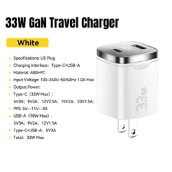 Essager 33W GaN USB - C Charger with Digital Display and Fast Charging Capability - White US Plug