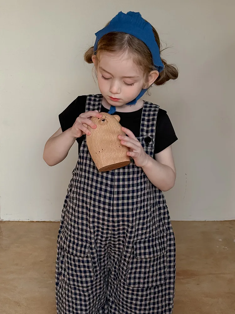 2025 Spring New Children Plaid Overalls Cotton Boys Thin Casual Pants Breathable Baby Girls Loose Strap Trousers Kids Clothes