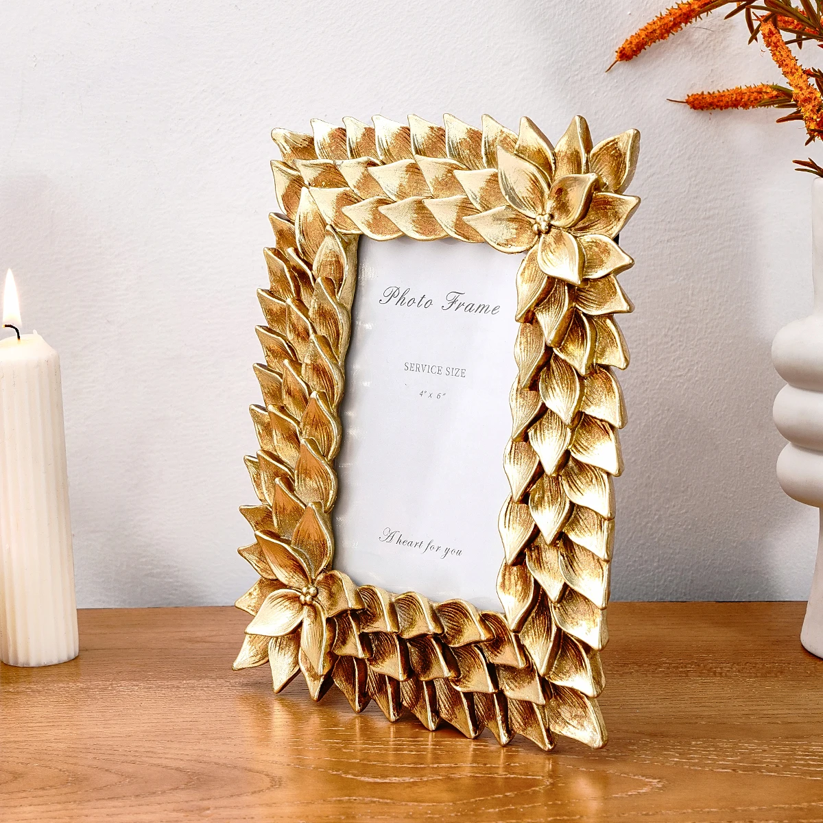 1PC, European retro style golden orchid lace photo frame, antique resin material photo decorative frame