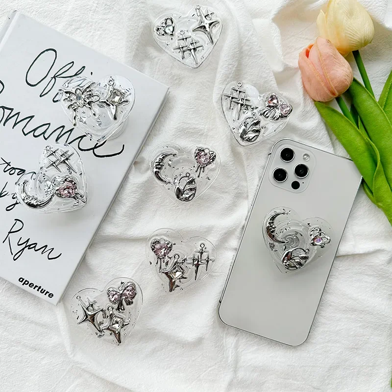 한국어 귀여운 스타 에폭시 러브 하트 폰 그립 Tok 스마트 Tok 홀더 링 고딕 Y2K 핑크 나비 소녀 반짝이 클리어 브래킷..