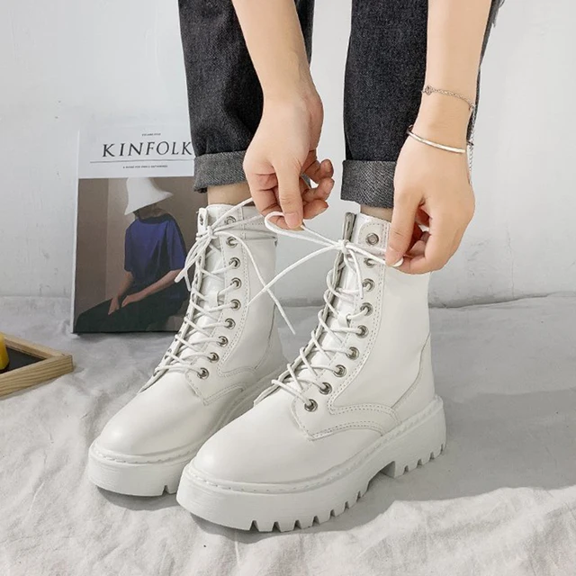 Rimocy White Black PU Leather Ankle Boots Women Autumn Winter Round Toe Lace Up Shoes Woman Fashion Motorcycle Platform Botas 3