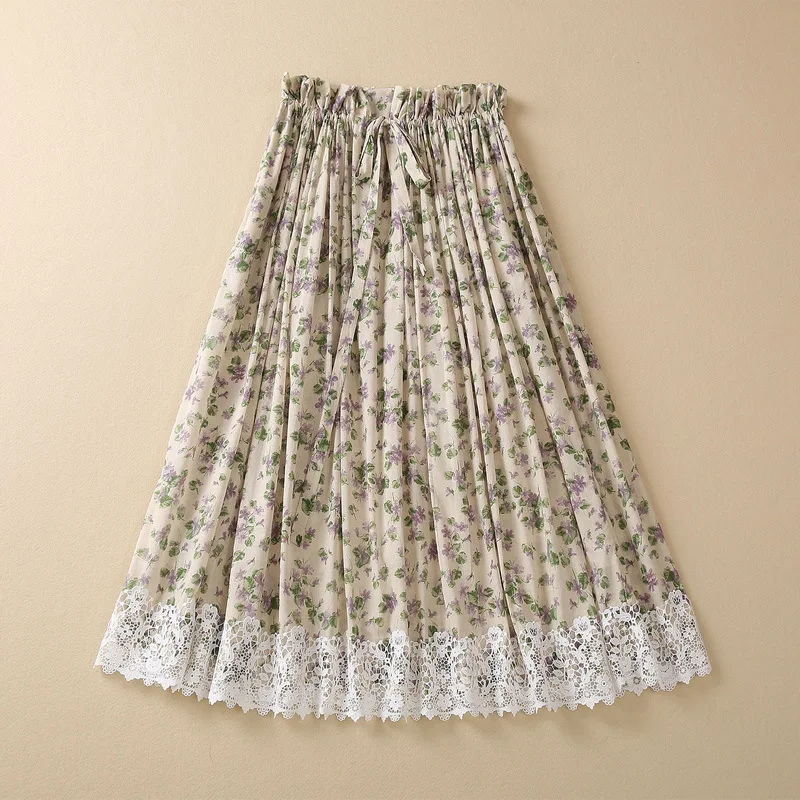 

European and American women's clothes 2023 spring new Purple print patchwork lace Fashion cotton pleated skirt