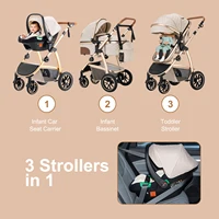 Landau de voyage 3 en 1 avec poignée réglable en hauteur, landau de voyage avec moustiquaire, poussette pour bébé avec cadre en aluminium 3